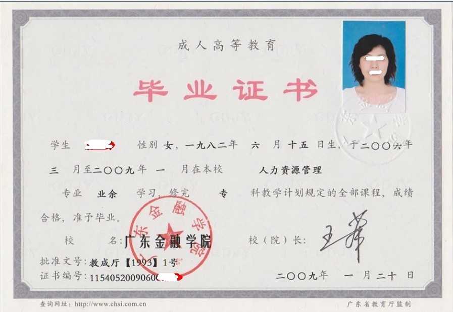 广东金融学院成人教育毕业证书样本(图1)